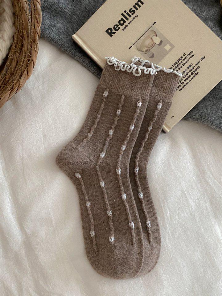 

Носки-гольфы из мериносовой шерсти в горошек с цветочным узором, с фестончатым краем и кружевом хаки