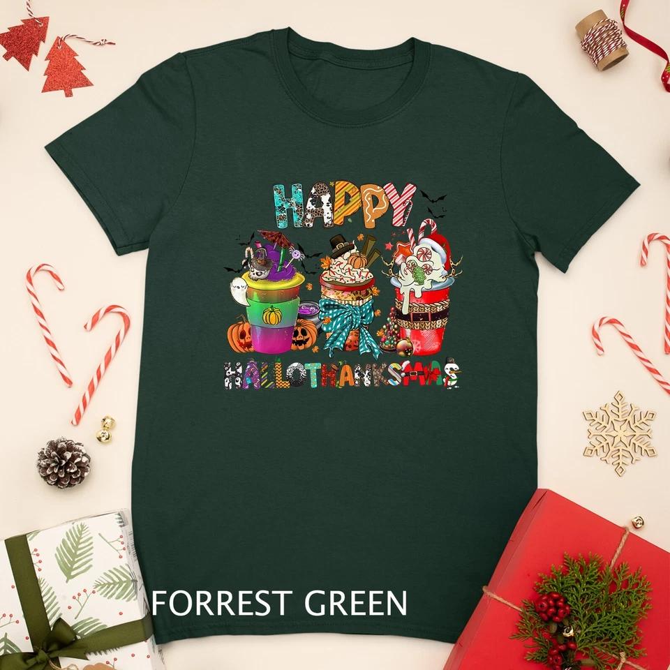 Coffee Halloween Thanksgiving Christmas Happy Hallothanksmas Unisex T-shirt 4 2XL