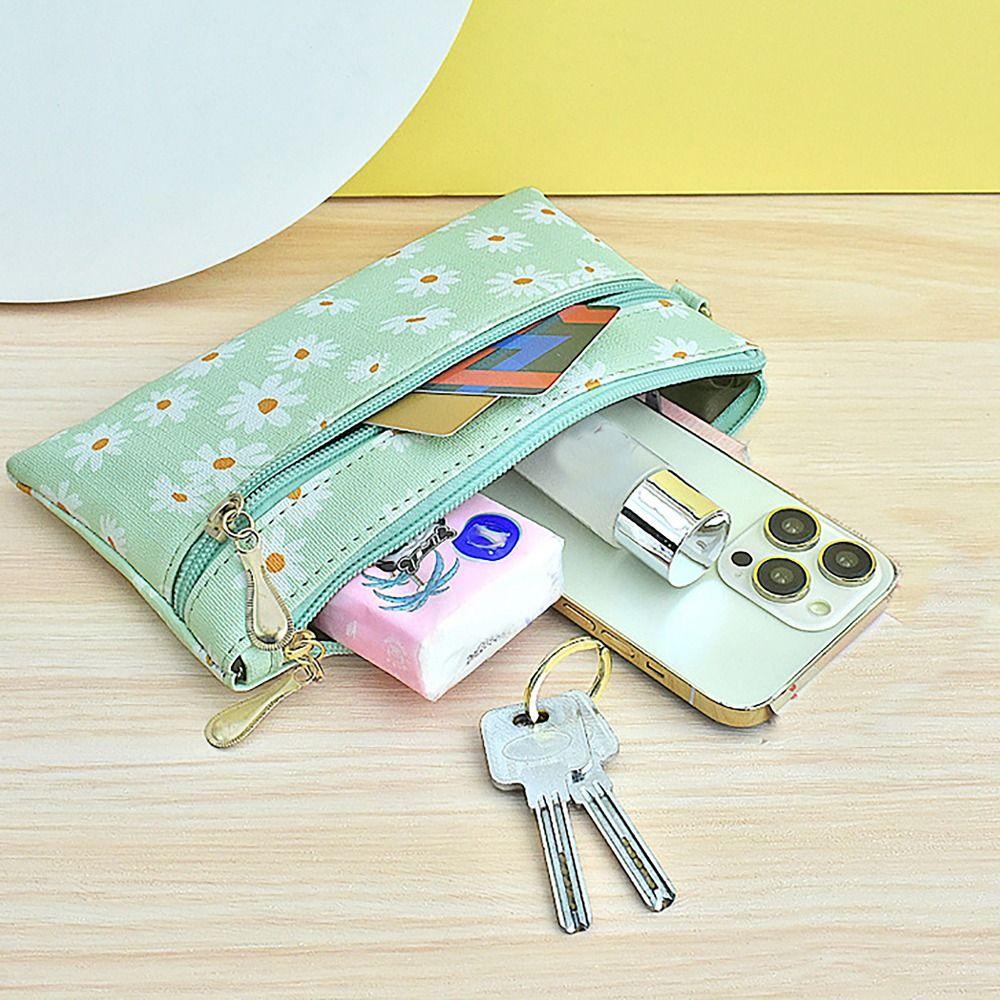 PU Leather Money Coin Purse Wear-resistant with wrist strap Credit Card Holoder Daisy Printed Zipper Phone Bag for Women Maiden