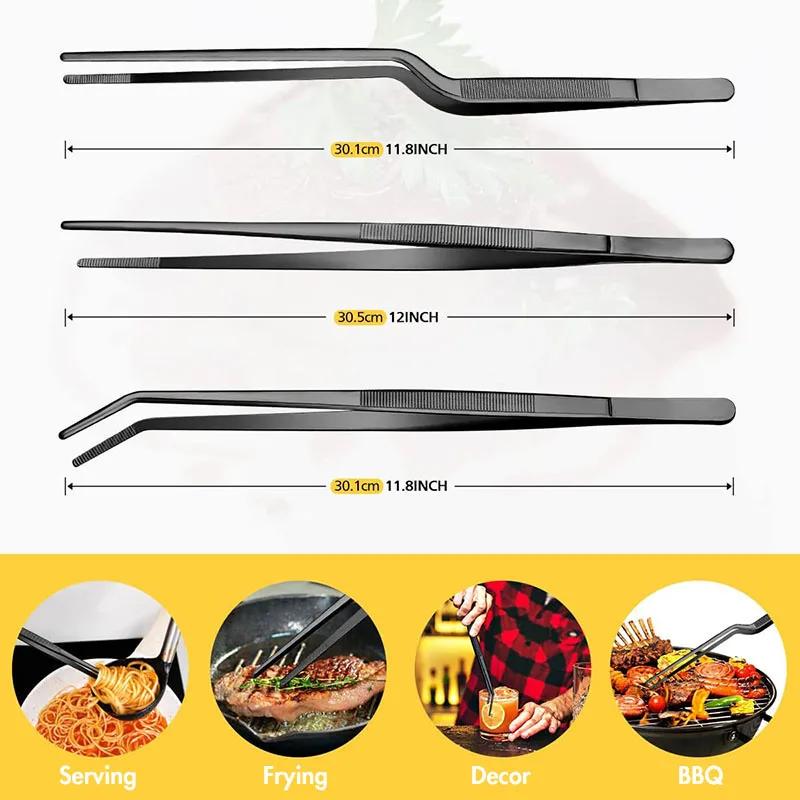 3 ks Kuchařských pinzet s vroubkovanými hroty, Nerezová sada kuchařských pinzet, Kuchyňské náčiní pro BBQ, Servírování & Dekorování
