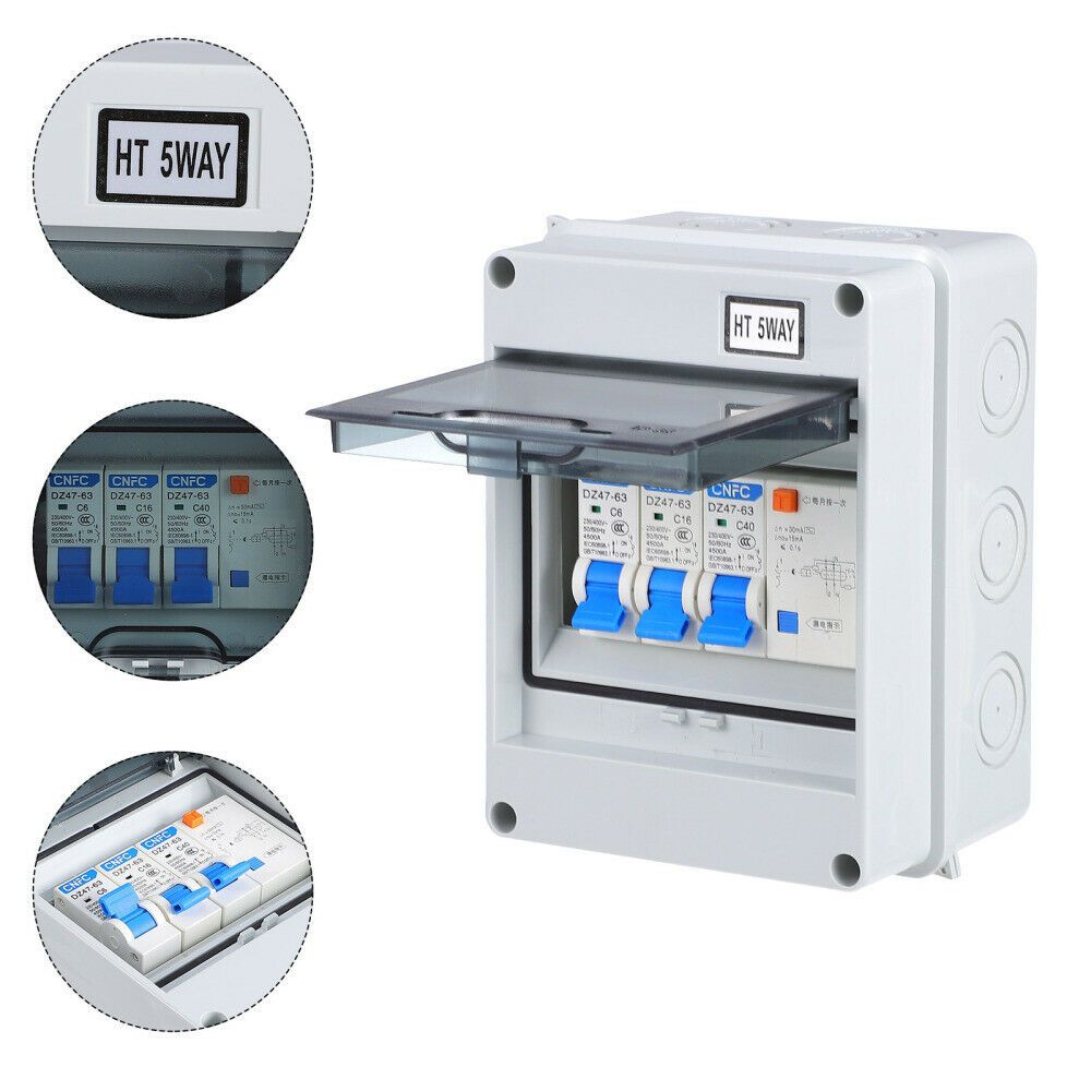 Waterproof for Electronics with RCD and 2x MCB Circuit Breaker Fuse Box Garage Consumer Unit 5 Way