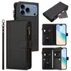 For iPhone 17 Pro Leather Case 9 Card Slots Zipper Wallet Stand Phone Cover with Wrist Strap