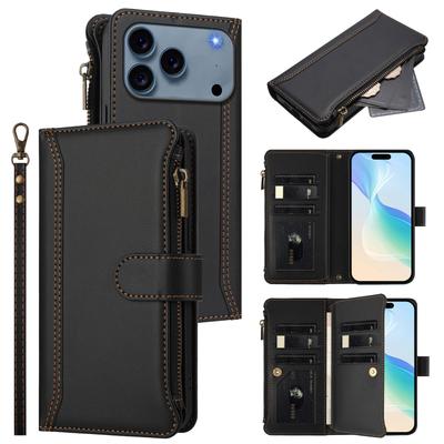 Kožené pouzdro pro iPhone 17 Pro s 9 přihrádkami na karty, peněženkou na zip, stojánkem, krytem na telefon a poutkem na zápěstí