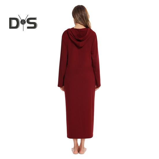 Nachthemd mit Reißverschluss für Damen, lange Ärmel, lockere, reine Farbe, mit Taschen, wadenlange Loungewear mit Kapuze, für den Alltag, für zu Hause, im Schlafzimmer