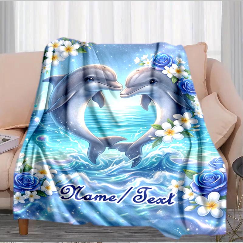 1PC Custom Name Dolphins Heart Shape Flannel Blanket Versatile,all-season Throw Suitable for the Living Room,bedroom,camping,travel,and Gift