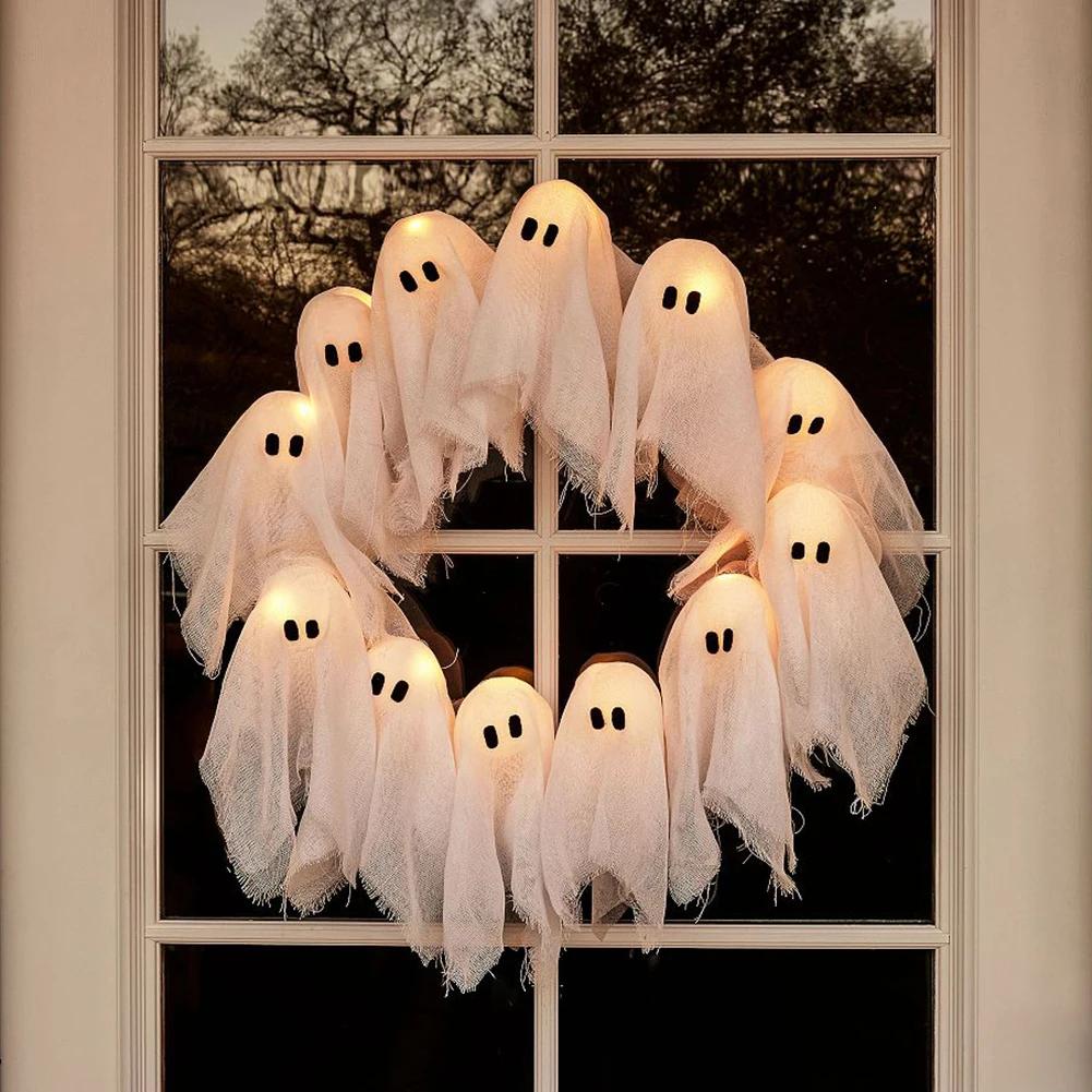 Ghost Wreath With 12 Led Lights Light-Up Ghost Wreath For Halloween Indoor Outdoor Wall Decor Spooky Front Door Hanging Decor