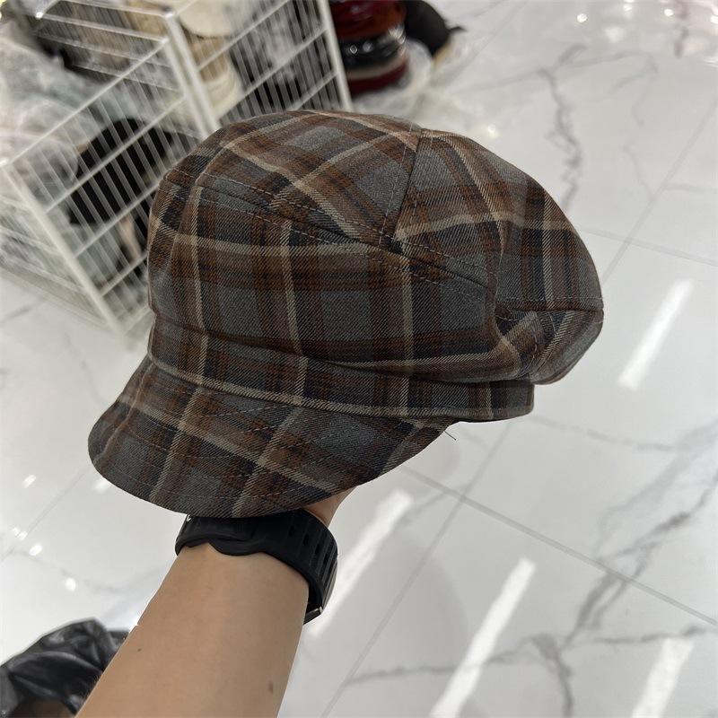 New retro polished plaid soft brim cap women's literary small fresh beret pastoral newsboy hat