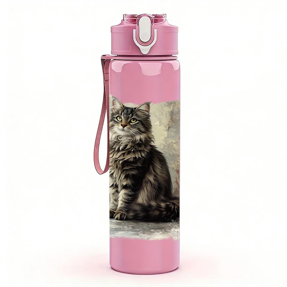 1PC Vintage Cat Old Photo Pillow Print 750ml Color Plastic Sports Water Bottle Leakproof Flip Straw Lid Suitable for Sports Office Home Use