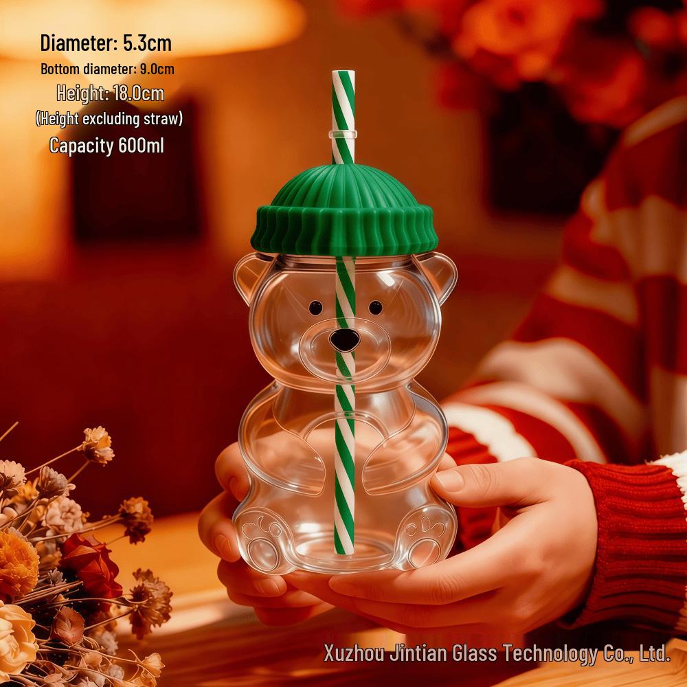 Hitzebeständiger Cartoon-Bären-Glasbecher mit Strohhalm - Süßes Borosilikatglas für Frauen