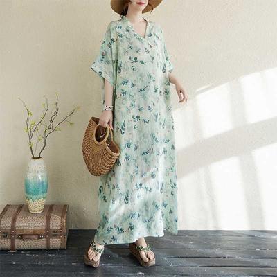 Women's Summer Floral Neck Maxi Dress Boho Vacation Dress In Breathable Linen Blend Loose Fit Beach Cover Up