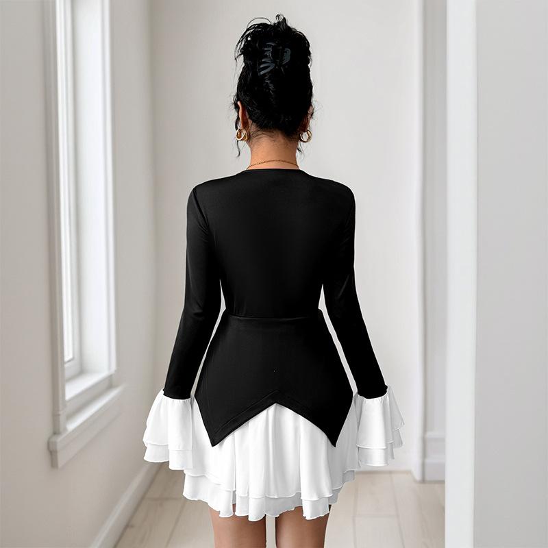 Dámské Mini Šaty V-výstřih Dlouhý Rukáv Volné Sexy Vysoký Pas Bodycon A-linie Koktejlové Šaty pro Svatební Hosty