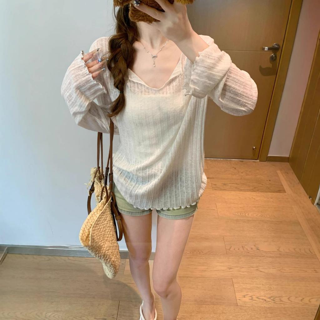 Korean version chic apricot fungus edge sunscreen blouse women's summer thin loose and thin loose clothes