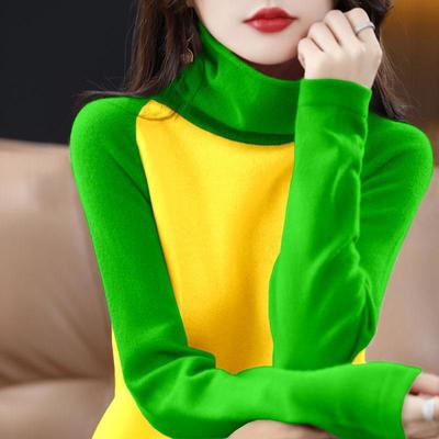 Autumn Women's Knitted Sweater Thin Long Sleeve Turtleneck Loose Knitted Bottom Shirt  Pullover Color-blocked Knit Top