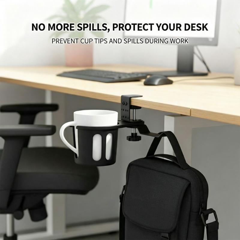 Desk Cup Holder With Side Hook, Clamp Mount for Keeping Drinks Beside Home Desk, Office Desk or Study Desk During Daily Desk Tasks