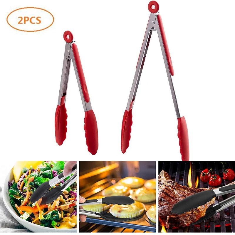 2Pcs Silicone Kitchen Tongs BBQ Clip Stainless Steel Handle Salad Bread Food Serving Tongs Non-Stick Barbecue Grilling Lock Tong