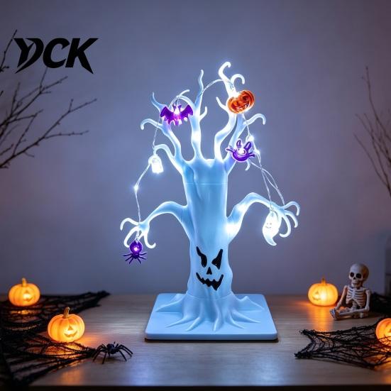 Light Up Ghost Tree for Party Lighted Halloween Spooky Dead Tabletop Decor, Face Haunted Scary Atmosphere Props Bar with Pumpkin Spider LED