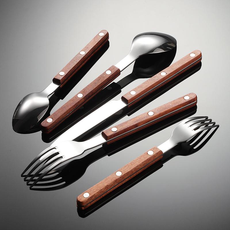 Stal nierdzewna 420 zachodni uchwyt na nity do jedzenia nóż widelec łyżka włoskie drewno różane 5 głównych sztuk prezent posiłek