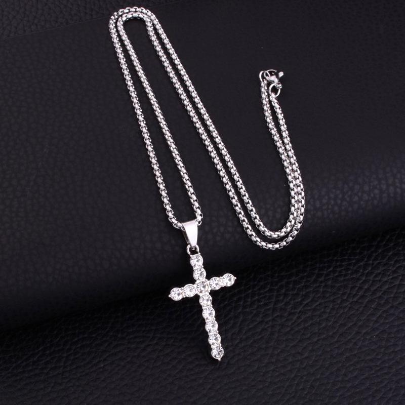 Men s Trendy Titanium Steel Diamond Cross Necklace - Hip Hop Style