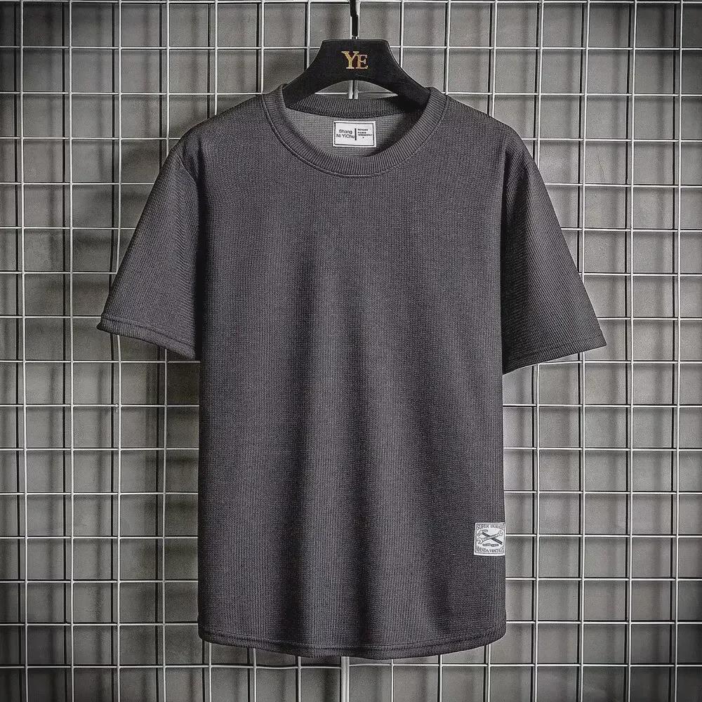 Camiseta de Manga Corta Holgada para Hombre de Seda de Hielo Waffle Pesado - Cuello Redondo Color Sólido