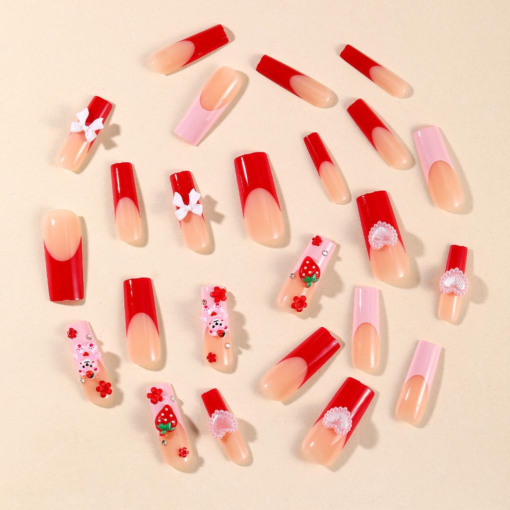 24Pcs Red French Press On Nails 3D Strawberry Bow Bear Flower Long Coffin Fake Nail Tips