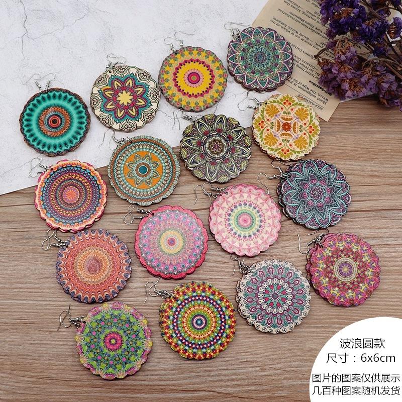 Bohemian vacation style wooden earrings retro personality exaggerated print earrings femininity long earrings