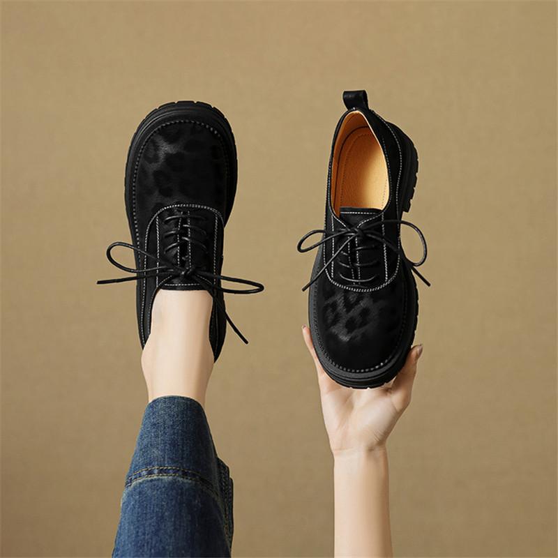 Fashion New Spring Genuine Leather Shoes for Women Fashion Leopard Print Round Toe Women Pumps Shoes Chunky Heels Loafers Platform Shoes