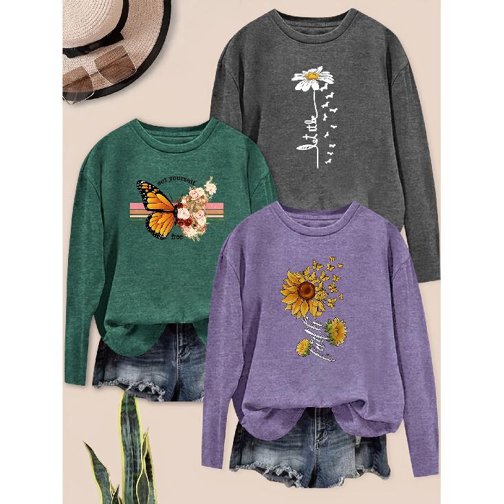 Fashionable Women's Elegant Floral Butterfly Letter Combination Print Pattern Round Neck3Long-sleeved outfit T Shirts for women in spring, summer,