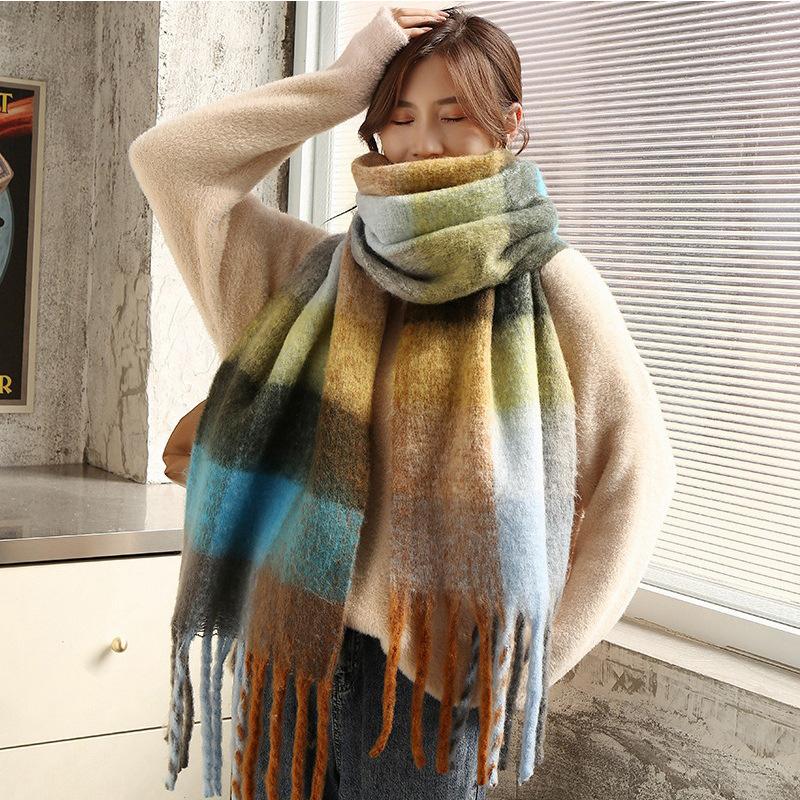 Rainbow Scarf Women's Winter Shawl Couple Colored Plaid Warm Thickened Ins Trendy Cute Girl Student Versatile