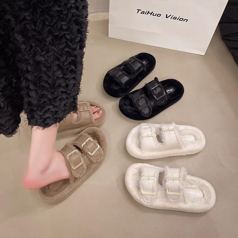 Mao Mao Slippers Women's Autumn and Winter Outer Wear 2025 New Internet Celebrity Going Out Plush Mao Shoes Thick Sole Heightening Cotton Mop Home