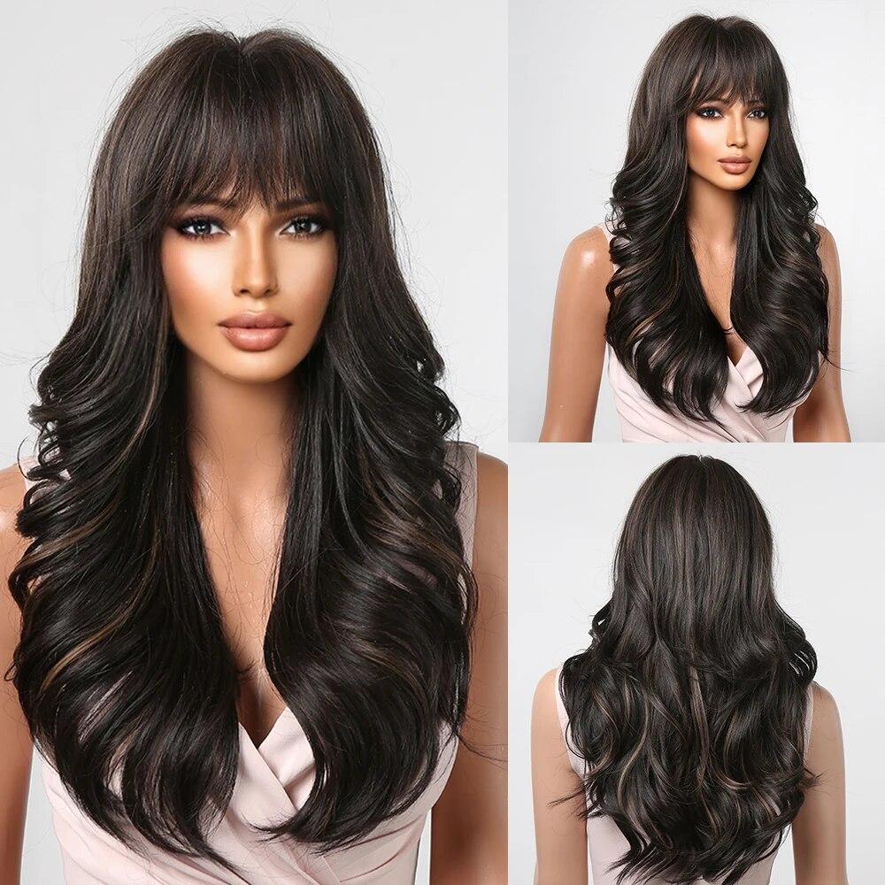 Long Water Wave Synthetic Wigs with Bangs Natural Ginger Brown Loose Curly Wavy Wig for Black White Women Heat Resistant Daily