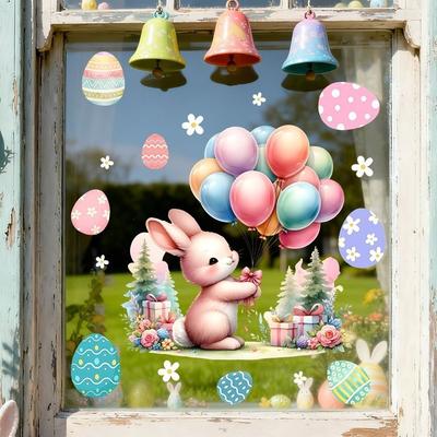 New Easter Flower Rabbit Sticker Self-Adhesive PVC Festival Party Sticker Waterproof Removable Wall Decal Wall Decoration