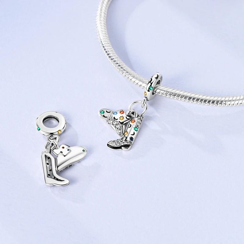 Charm Plata Western Cowboy Boots And Hat Bead Fits Genuine Bracelet Charm For Women Jewellery DoItYourself Crafting Gift
