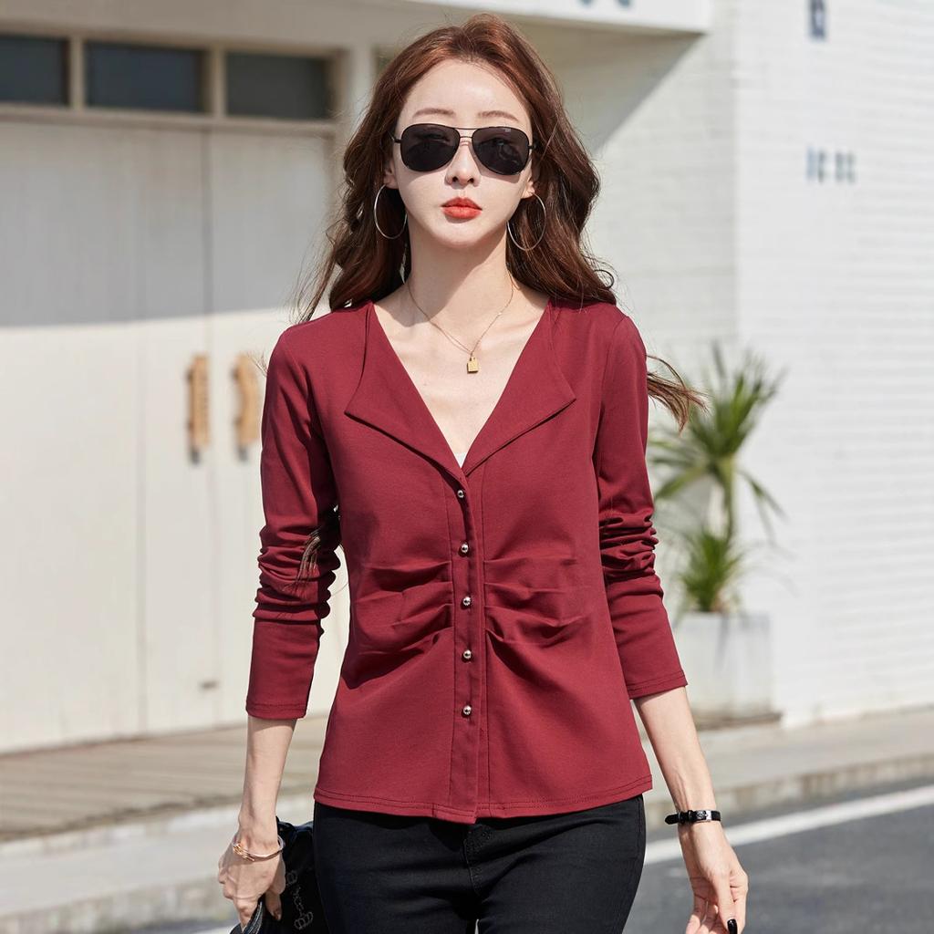 Cotton T Shirt Office Woman Spring Casual Long Sleeve Lapel T-shirt Autumn Loose Korean Style Plus Size Female Shirts