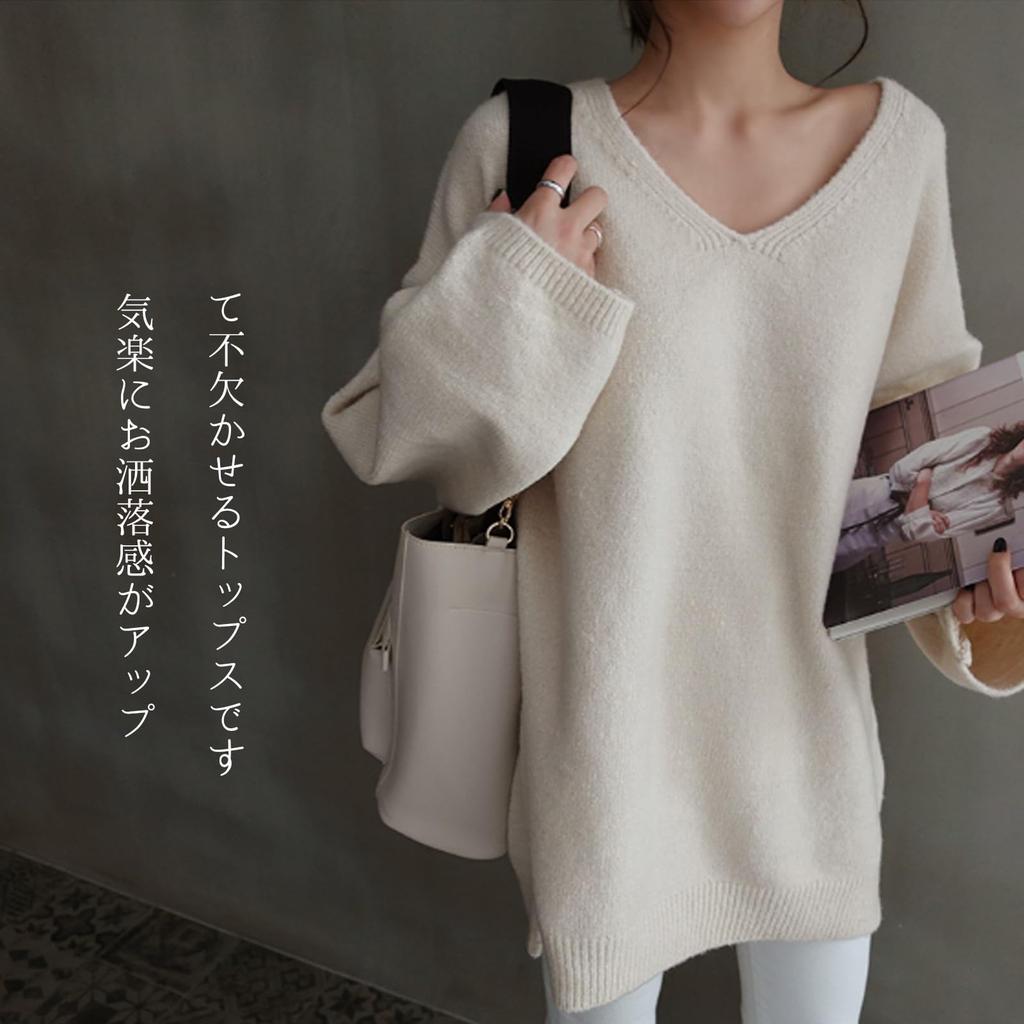Knit Long Sleeve Loose Side Casual Top for Korean Perfect for Winter [OGCPWYQZ] Women's Sweater, V-Neck Top, Blouse, Fit, Slits, Flattering, Slimming,