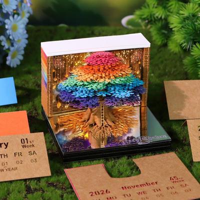 Timepiece Calendar 2026,DIY Paper Tear Away 3D Art Note Pad Calendar Unique Paper Sculpture Tree Christmas Decoration with Light