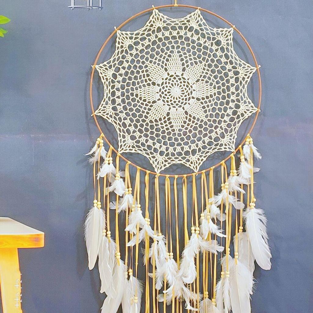 Nordic Feather Wind Chime Dream Catcher: Creative Crochet Hanging Ornament for Home or Wedding Decor.