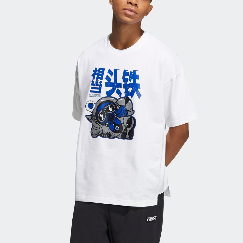 Men's adidas neo Cartoon Astronaut Pattern Printing Round Neck Sports Short Sleeve White T-Shirt HY4625