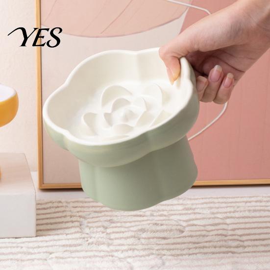 Vomiting Prevention Pet Bowl Ceramic Slow Feeder Bowl, Dogs Cats Anti-Choking Eating Food Elevated Feeding for Dry & Wet with Rose Pattern