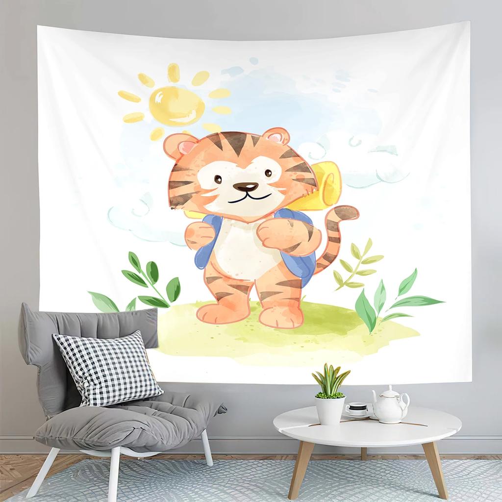Cartoon Tiger Tapestry Cute Big Eyes Pink Paws Tiger Cub Tapestry Art Home Living Room Bedroom Decor Tapestries for Girls Boys