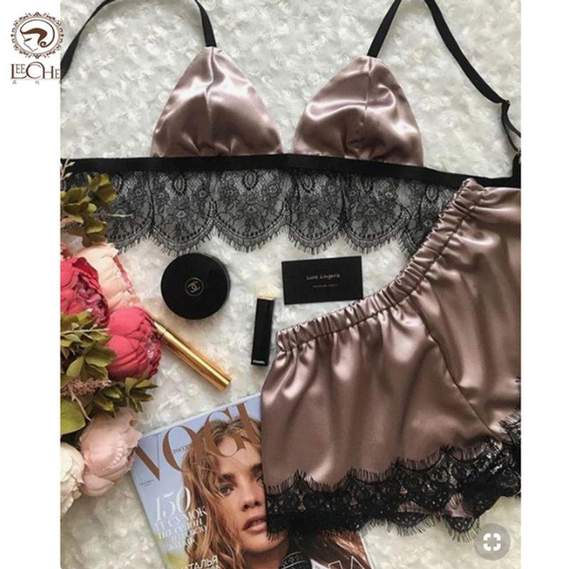 

Кружевной комплект бюстгальтера с V-образным вырезом и трусиков, пижамный комплект, кружевной комплект бюстгальтера с V-образным вырезом и трусиков, пижамный костюм Champagne S