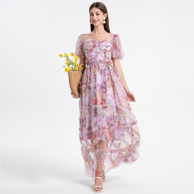 

New Summer Luxury Runway Women Dress Black Elastic Slash Neck Mesh Prom Party Long Dress with Cascading Ruffles Flower Printed Holiday XXL лавандовий