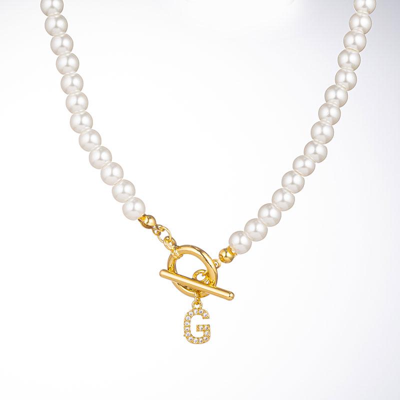 Zircon Crystal Initial A-Z Letter Pendant Necklace for Women Toggle Clasp Imitation Pearls Necklaces Wedding Jewelry Gift