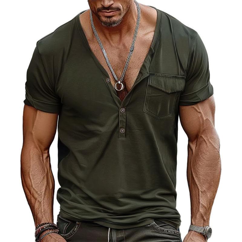 Herenlos V-hals Henley T-shirt met zak en korte mouwen.