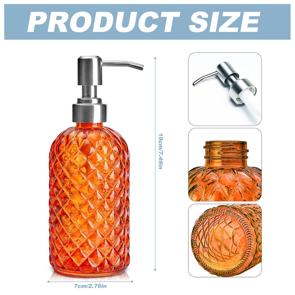 1pc 16oz Orange Color Soap Dispenser Bathroom, Glass Soap Dispenser with Pump, Gem Patterned Glass Soap Dispenser for Hand Soap
