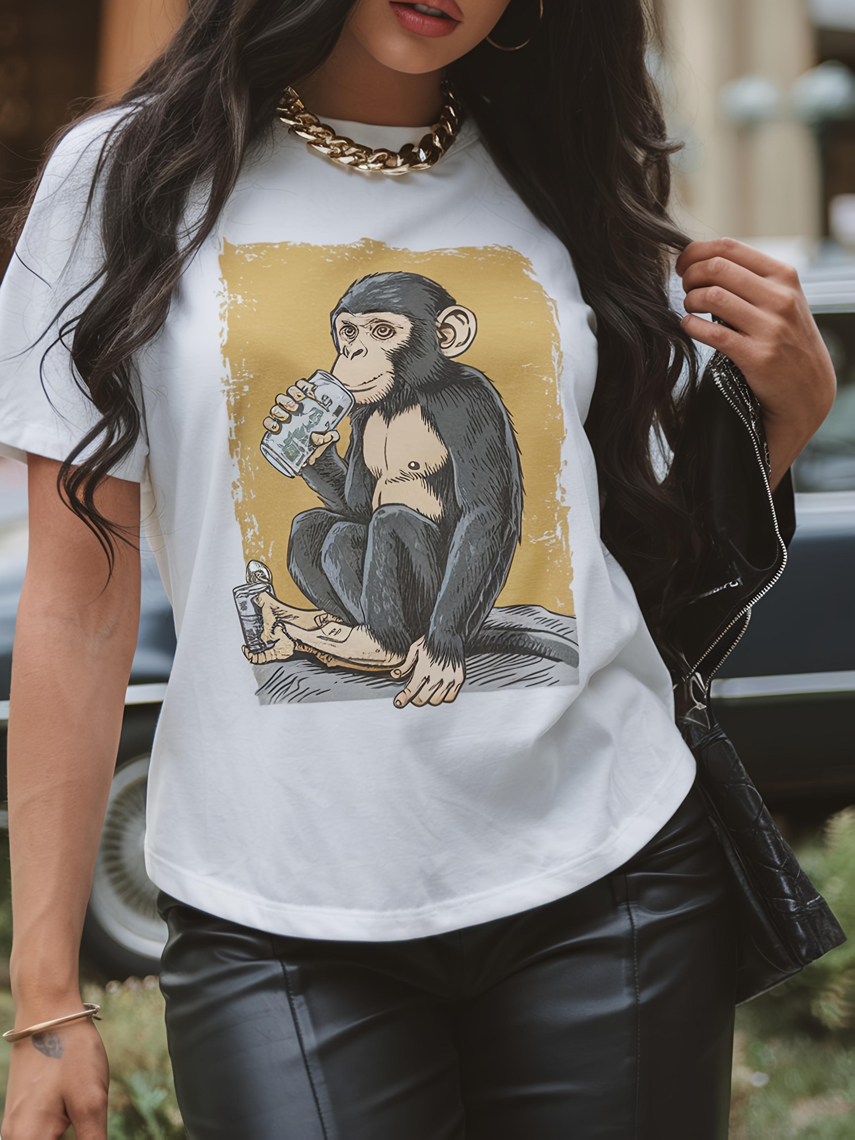 

WomenS Playful Monkey Graphic TShirt Sleeve Casual Comfy White with Yellow Illustration Monkey Tshirt Aesthetic Clothes S