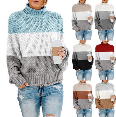 Soft Elegant Basic Knitted Tops Pullovers Fashion Autumn and Winter Knit Women's Thick Line Color Blocking High Neck Casual Long Sleeved Pullover