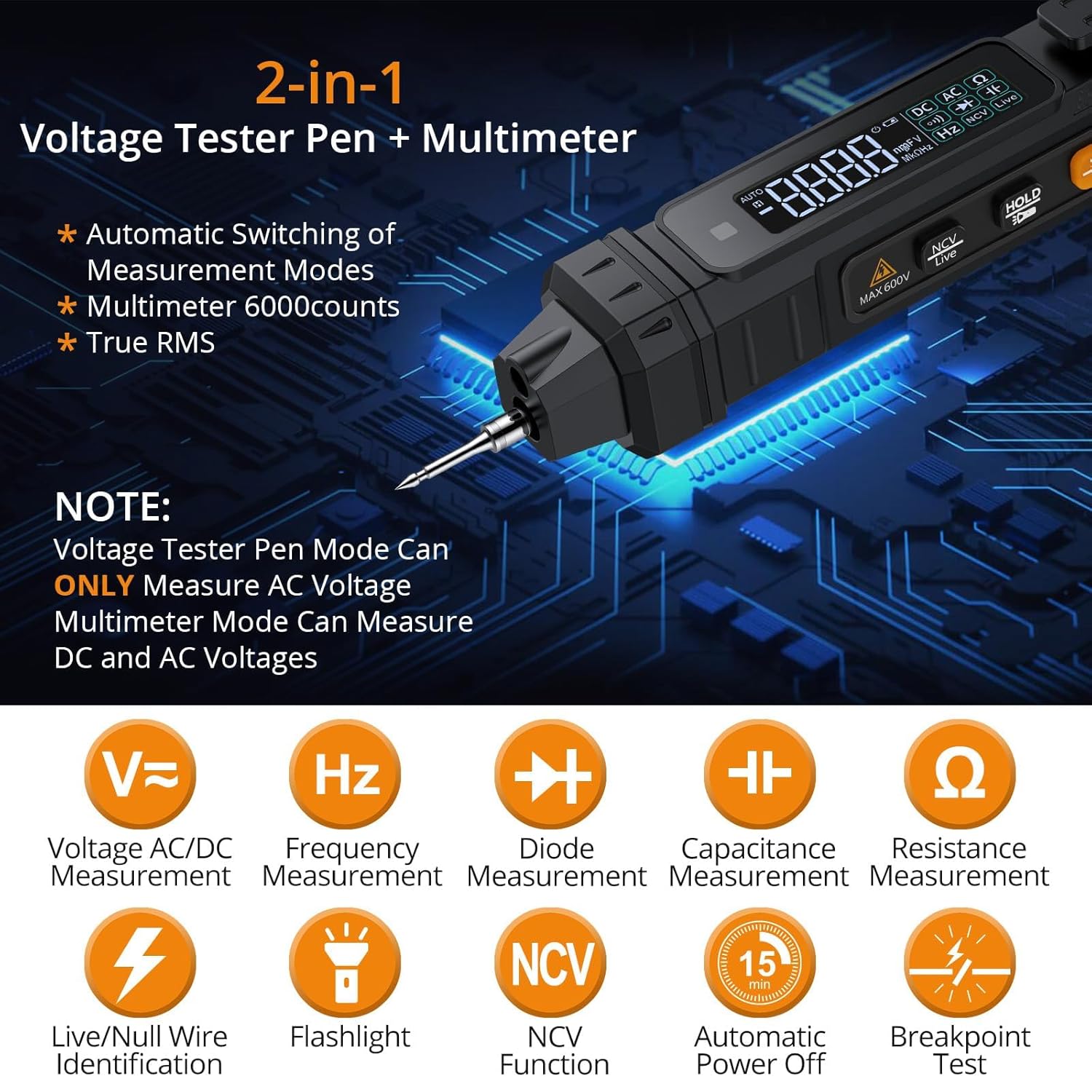 

2-in-1 Pen Multimeter & 2000 Counts Digital Multimeter, NCV, LCD, AC/DC Voltage, Current, Resistance, Continuity, Capacitance United States