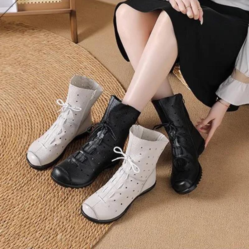 Johnature Hollow-out Breathable Mid-calf Summer Boots Comfortable Soft Soled Genuine Leather Women's Shoes