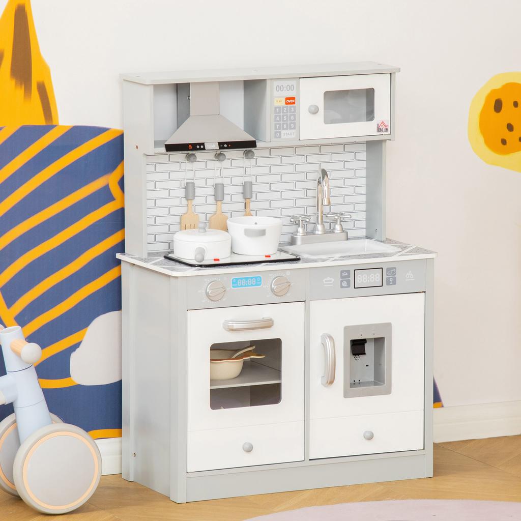 Kids Wooden Toy Kitchen Pretend Play Cooking Playset w/ Sound & Light Effect, Battery Operated Cooktop, Ice Machine, Marble Pattern Countertop
