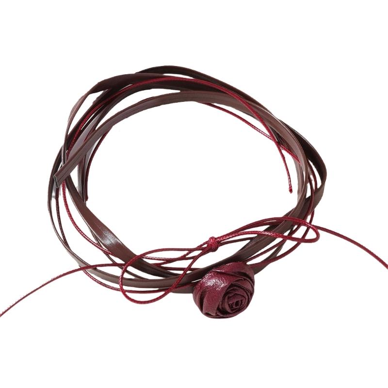 

Multi Layer Leather Rope Necklace with Camellia Flower Clavicle Chain for Fashionable Women Seeking Versatile Jewelry кларет